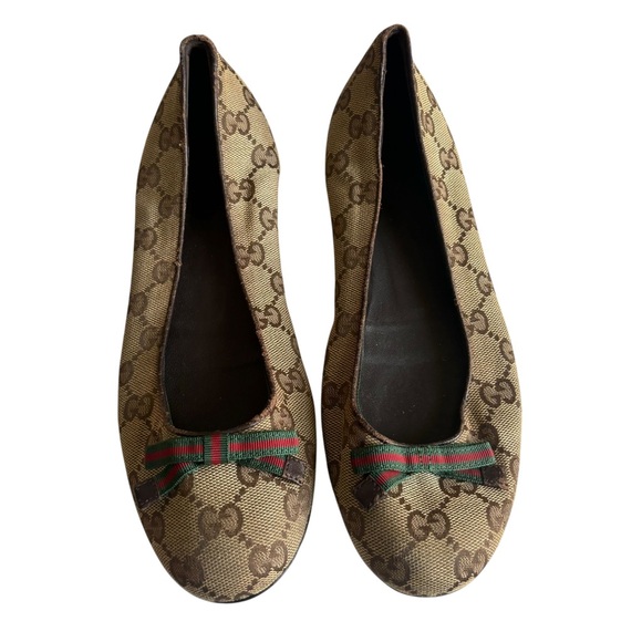 Women’s Gucci Ballet Shoes Web GG Monogram Canvas Bow Flat - Picture 1 of 12